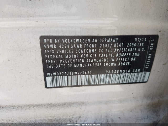 2011 Volkswagen Golf 2.5l 4-door მანქანა იყიდება აუქციონზე, vin: WVWDB7AJ8BW229621, აუქციონის ნომერი: 45330627