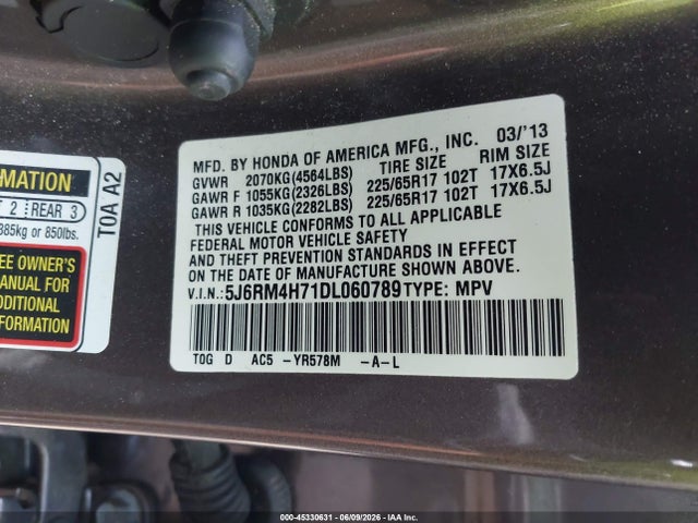 2013 Honda Cr-v Ex-l მანქანა იყიდება აუქციონზე, vin: 5J6RM4H71DL060789, აუქციონის ნომერი: 45330631