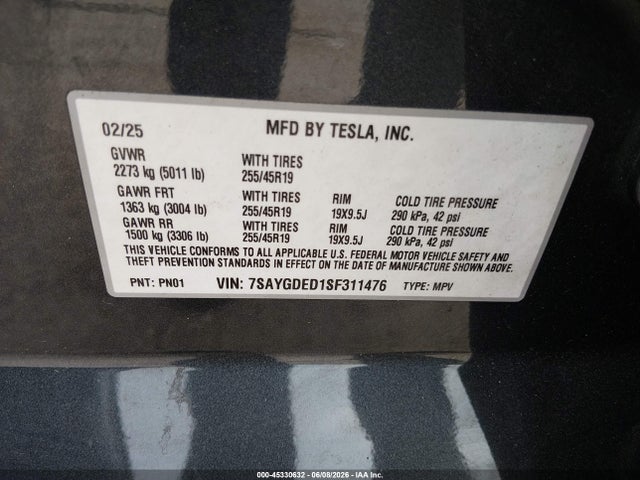 Aukcja sprzedaży 2025 Tesla Model Y Long Range Dual Motor Rear-wheel Drive, vin: 7SAYGDED1SF311476, numer aukcji: 45330632