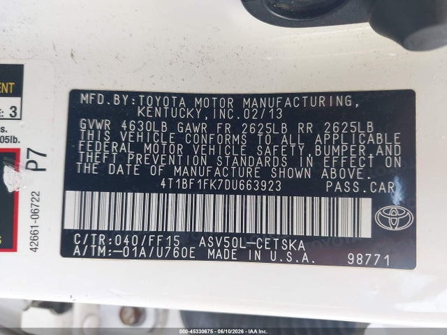 Aukcja sprzedaży 2013 Toyota Camry Se, vin: 4T1BF1FK7DU663923, numer aukcji: 45330675