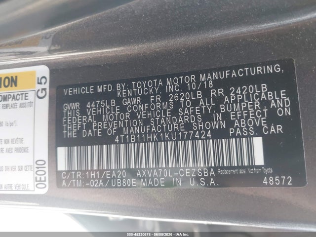 Aukcja sprzedaży 2019 Toyota Camry Se, vin: 4T1B11HK1KU177424, numer aukcji: 45330678