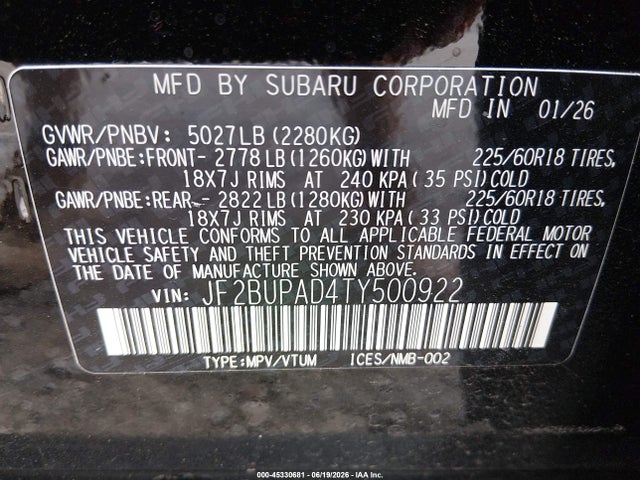 Продажа на аукционе авто 2026 Subaru Outback Premium, vin: JF2BUPAD4TY500922, номер лота: 45330681