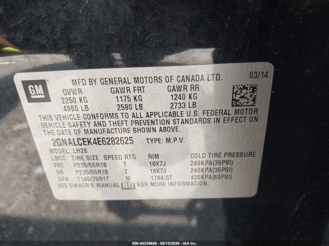 Aukcja sprzedaży 2014 Chevrolet Equinox 2lt, vin: 2GNALCEK4E6282625, numer aukcji: 45330689