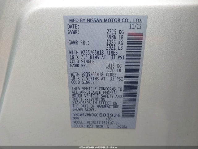 2016 Nissan Pathfinder Platinum/s/sl/sv მანქანა იყიდება აუქციონზე, vin: 5N1AR2MM0GC603926, აუქციონის ნომერი: 45330696