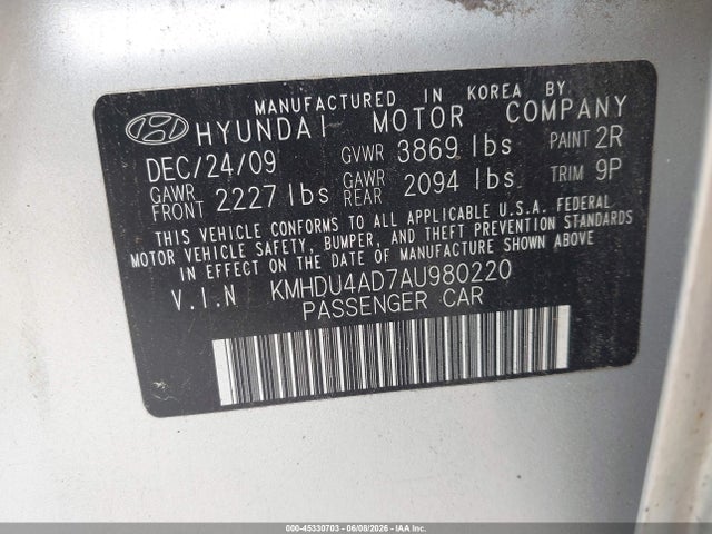 Aukcja sprzedaży 2010 Hyundai Elantra Se, vin: KMHDU4AD7AU980220, numer aukcji: 45330703