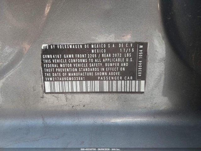 3VW217AU6GM033881 Volkswagen Golf Tsi S 4-door