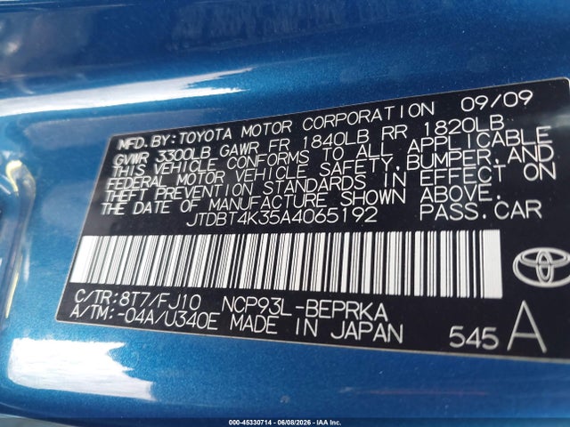 Продаж на аукціоні авто 2010 Toyota Yaris, vin: JTDBT4K35A4065192, номер лоту: 45330714