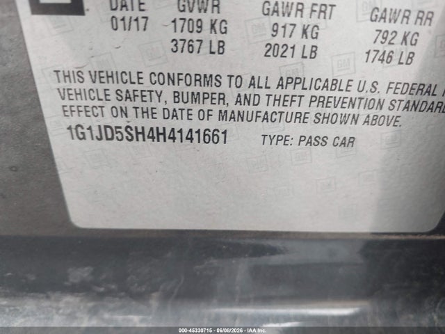 Продаж на аукціоні авто 2017 Chevrolet Sonic Lt Auto, vin: 1G1JD5SH4H4141661, номер лоту: 45330715