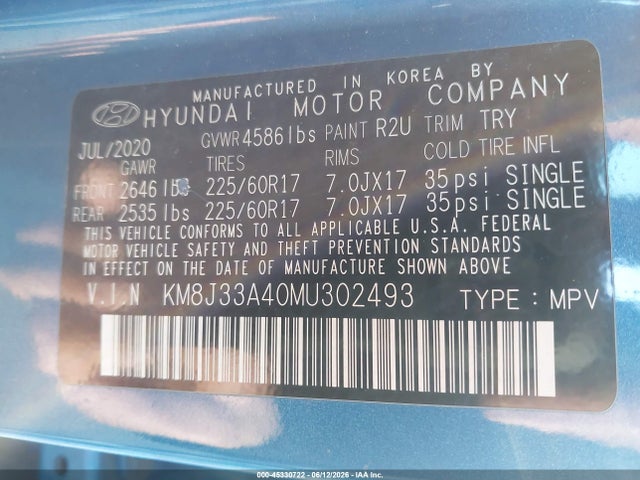 Aukcja sprzedaży 2021 Hyundai Tucson Value, vin: KM8J33A40MU302493, numer aukcji: 45330722