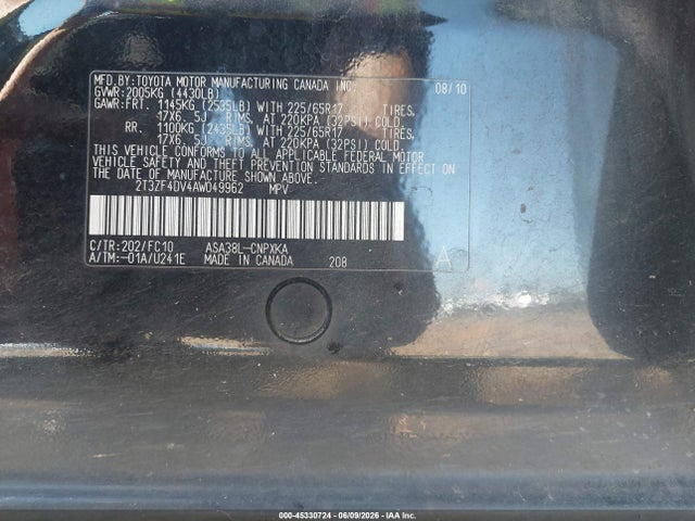 Aukcja sprzedaży 2010 Toyota Rav4, vin: 2T3ZF4DV4AW049962, numer aukcji: 45330724