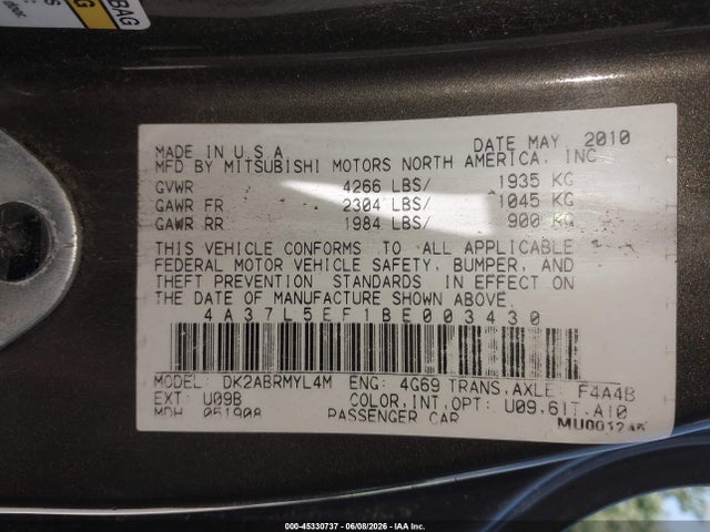 Продажа на аукционе авто 2011 Mitsubishi Eclipse Spyder Gs Sport, vin: 4A37L5EF1BE003430, номер лота: 45330737