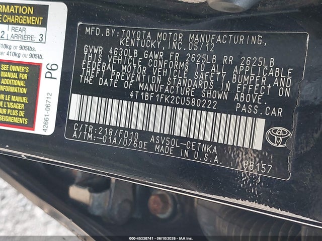 2012 Toyota Camry Le მანქანა იყიდება აუქციონზე, vin: 4T1BF1FK2CU580222, აუქციონის ნომერი: 45330741