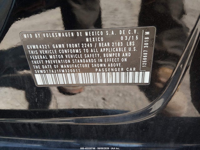 2015 Volkswagen Jetta 1.8t Se მანქანა იყიდება აუქციონზე, vin: 3VWD17AJ1FM320011, აუქციონის ნომერი: 45330746