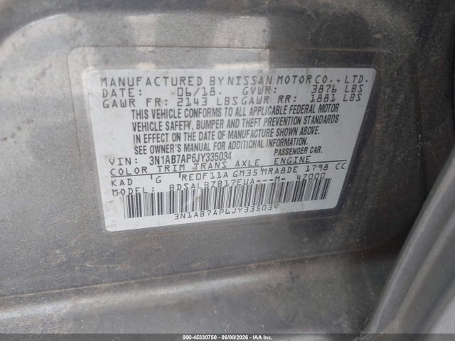 2018 Nissan Sentra S მანქანა იყიდება აუქციონზე, vin: 3N1AB7AP6JY335034, აუქციონის ნომერი: 45330750