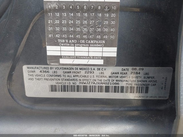 2010 Volkswagen Jetta S მანქანა იყიდება აუქციონზე, vin: 3VWJZ7AJXAM021086, აუქციონის ნომერი: 45330758