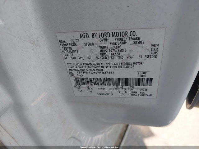 Aukcja sprzedaży 2007 Ford F-150 Fx4/lariat/xlt, vin: 1FTPW14V17FB37481, numer aukcji: 45330759