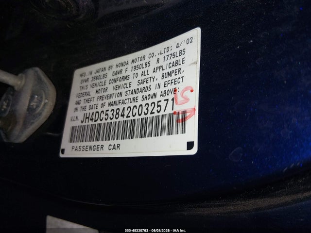 45330763 :رقم المزاد ، JH4DC53842C032571 vin ، 2002 Acura Rsx مزاد بيع