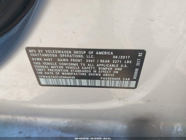 Aukcja sprzedaży 2018 Volkswagen Passat 2.0t R-line/2.0t S, vin: 1VWAA7A37JC004045, numer aukcji: 45330766