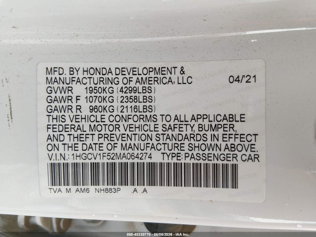 1HGCV1F52MA064274 Honda Accord Ex-l