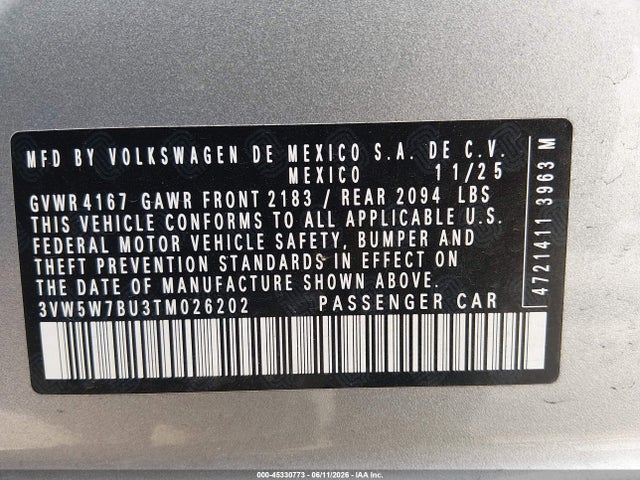 Продаж на аукціоні авто 2026 Volkswagen Jetta S, vin: 3VW5W7BU3TM026202, номер лоту: 45330773