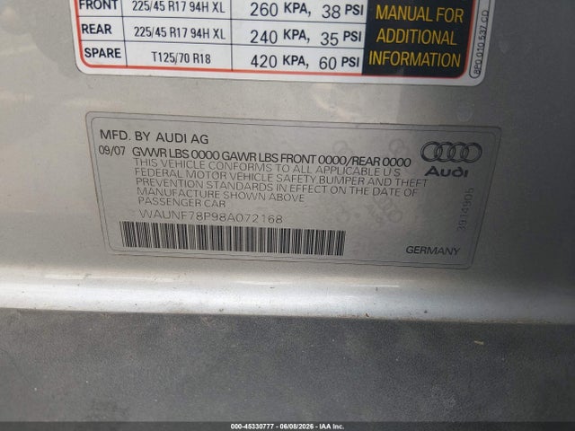 45330777 :رقم المزاد ، WAUNF78P98A072168 vin ، 2008 Audi A3 2.0t مزاد بيع