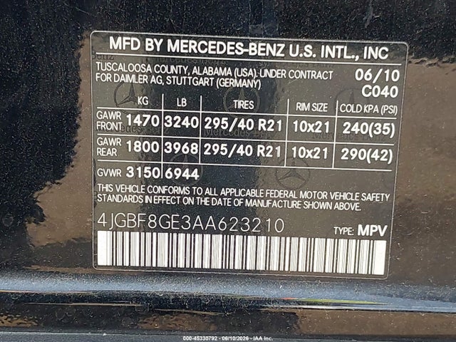 Aukcja sprzedaży 2010 Mercedes-benz Gl 550 4matic, vin: 4JGBF8GE3AA623210, numer aukcji: 45330792
