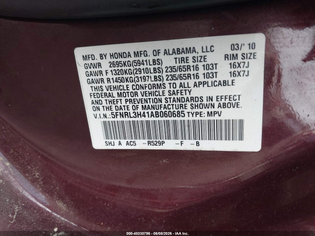 45330796 :رقم المزاد ، 5FNRL3H41AB060685 vin ، 2010 Honda Odyssey Ex مزاد بيع