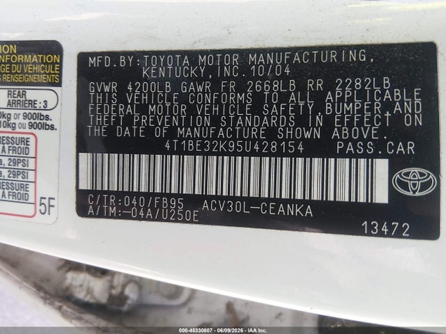45330807 :رقم المزاد ، 4T1BE32K95U428154 vin ، 2005 Toyota Camry Le مزاد بيع