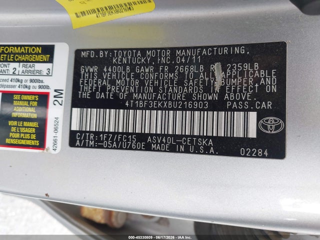 Auction sale of the 2011 Toyota Camry Se, vin: 4T1BF3EKXBU216903, lot number: 45330809