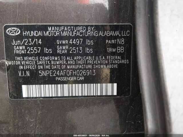 2015 Hyundai Sonata Se მანქანა იყიდება აუქციონზე, vin: 5NPE24AF0FH026913, აუქციონის ნომერი: 45330831