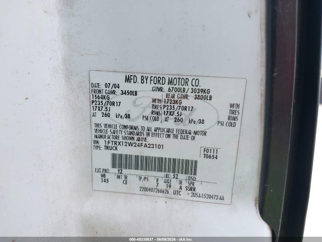 Aukcja sprzedaży 2004 Ford F-150 Stx/xl/xlt, vin: 1FTRX12W24FA23101, numer aukcji: 45330837