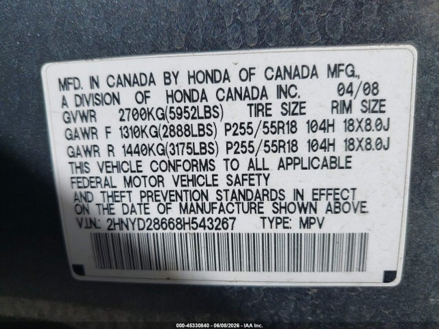 Aukcja sprzedaży 2008 Acura Mdx Technology Package, vin: 2HNYD28668H543267, numer aukcji: 45330840