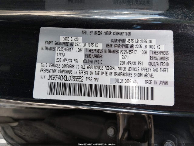 2020 Mazda Cx-5 Touring მანქანა იყიდება აუქციონზე, vin: JM3KFACM3L0786562, აუქციონის ნომერი: 45330847