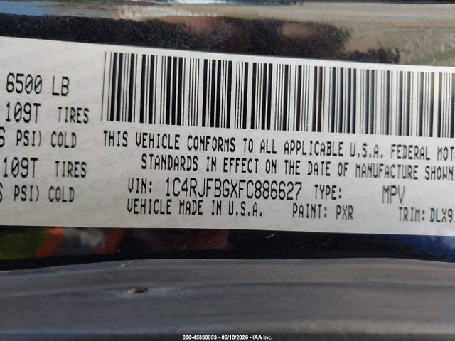 2015 Jeep Grand Cherokee Limited მანქანა იყიდება აუქციონზე, vin: 1C4RJFBGXFC886627, აუქციონის ნომერი: 45330853