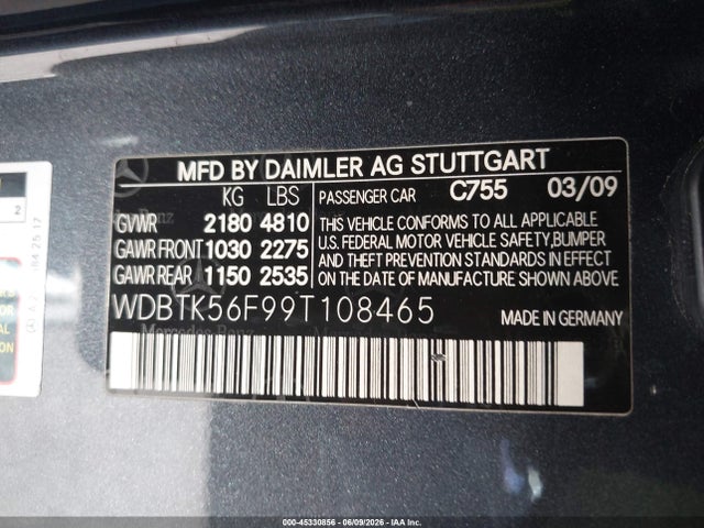 Aukcja sprzedaży 2009 Mercedes-benz Clk 350, vin: WDBTK56F99T108465, numer aukcji: 45330856