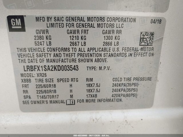 Продаж на аукціоні авто 2019 Buick Envision Awd Preferred, vin: LRBFX1SA2KD003543, номер лоту: 45330860