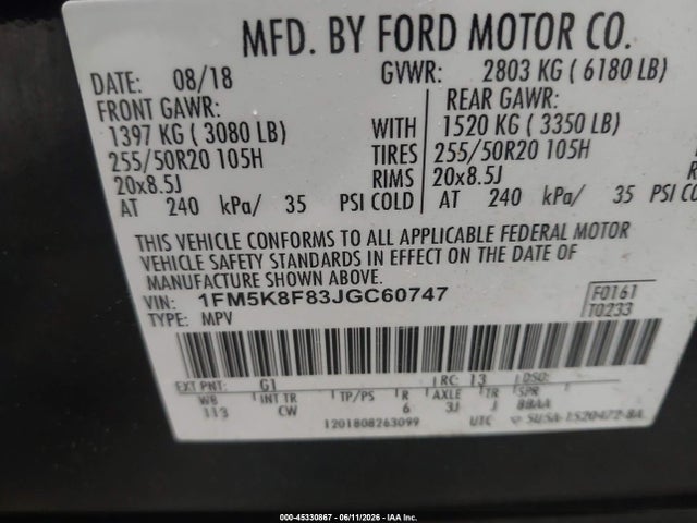45330867 :رقم المزاد ، 1FM5K8F83JGC60747 vin ، 2018 Ford Explorer Limited مزاد بيع
