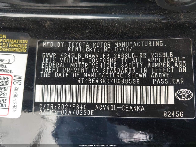 2007 Toyota Camry Le მანქანა იყიდება აუქციონზე, vin: 4T1BE46K97U698598, აუქციონის ნომერი: 45330877