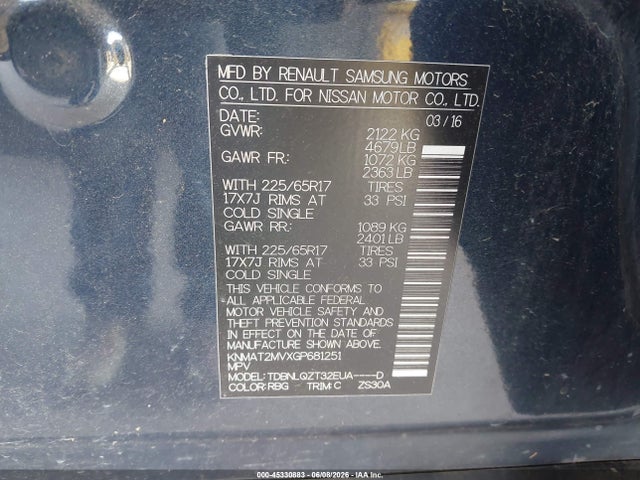 45330883 :رقم المزاد ، KNMAT2MVXGP681251 vin ، 2016 Nissan Rogue Sv مزاد بيع