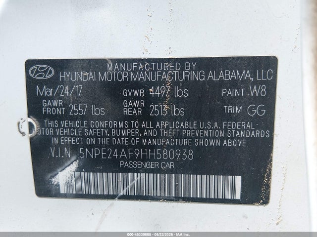 Aukcja sprzedaży 2017 Hyundai Sonata, vin: 5NPE24AF9HH580938, numer aukcji: 45330885