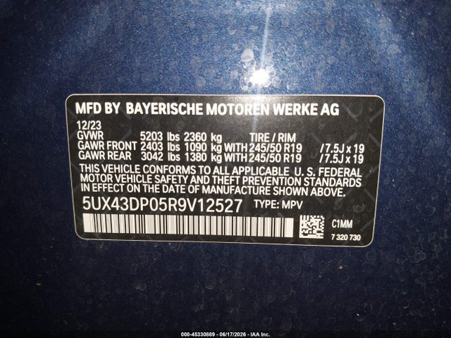 Aukcja sprzedaży 2024 Bmw X3 Sdrive30i, vin: 5UX43DP05R9V12527, numer aukcji: 45330889