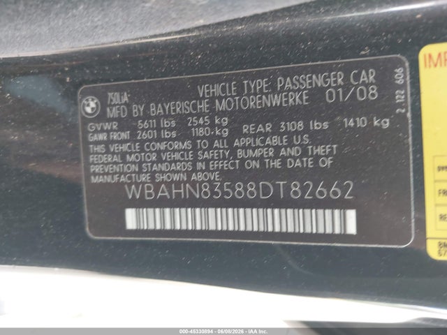 2008 Bmw 750li მანქანა იყიდება აუქციონზე, vin: WBAHN83588DT82662, აუქციონის ნომერი: 45330894
