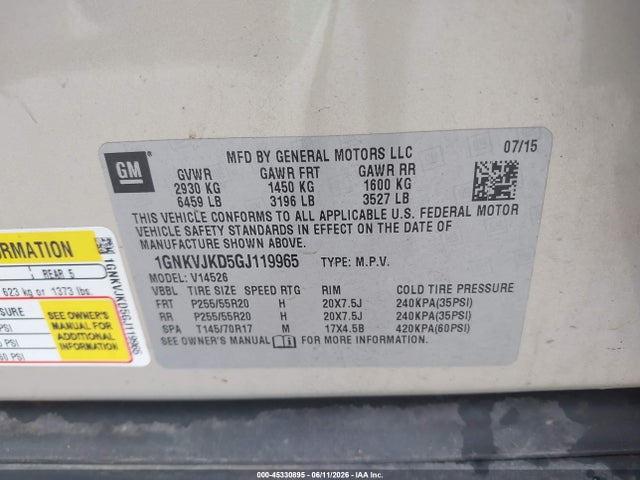 Aukcja sprzedaży 2016 Chevrolet Traverse Ltz, vin: 1GNKVJKD5GJ119965, numer aukcji: 45330895