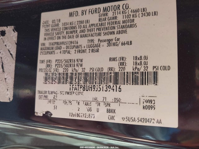 45330896 :رقم المزاد ، 1FATP8UH9J5139416 vin ، 2018 Ford Mustang Ecoboost Premium مزاد بيع