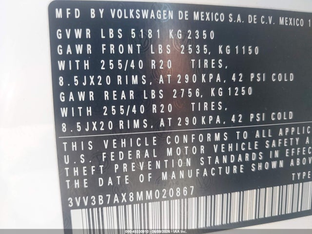 Продажа на аукционе авто 2021 Volkswagen Tiguan 2.0t Se/2.0t Se R-line Black/2.0t Sel, vin: 3VV3B7AX8MM020867, номер лота: 45330910