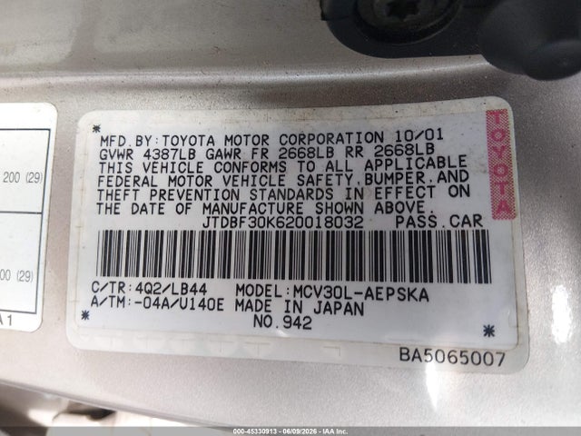 45330913 :رقم المزاد ، JTDBF30K620018032 vin ، 2002 Toyota Camry Se مزاد بيع