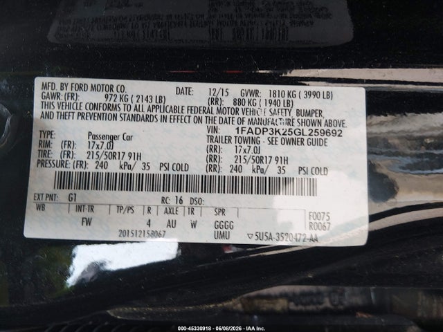 Aukcja sprzedaży 2016 Ford Focus Se, vin: 1FADP3K25GL259692, numer aukcji: 45330918