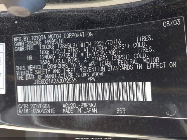 Продажа на аукционе авто 2003 Toyota Highlander, vin: JTEGD21A230072565, номер лота: 45330922