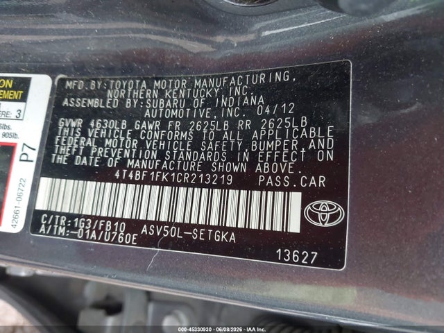 Aukcja sprzedaży 2012 Toyota Camry Xle, vin: 4T4BF1FK1CR213219, numer aukcji: 45330930