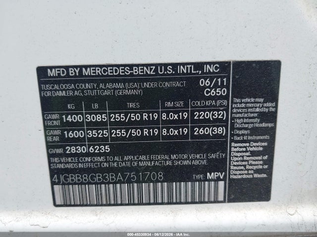 Aukcja sprzedaży 2011 Mercedes-benz Ml 350 4matic, vin: 4JGBB8GB3BA751708, numer aukcji: 45330934